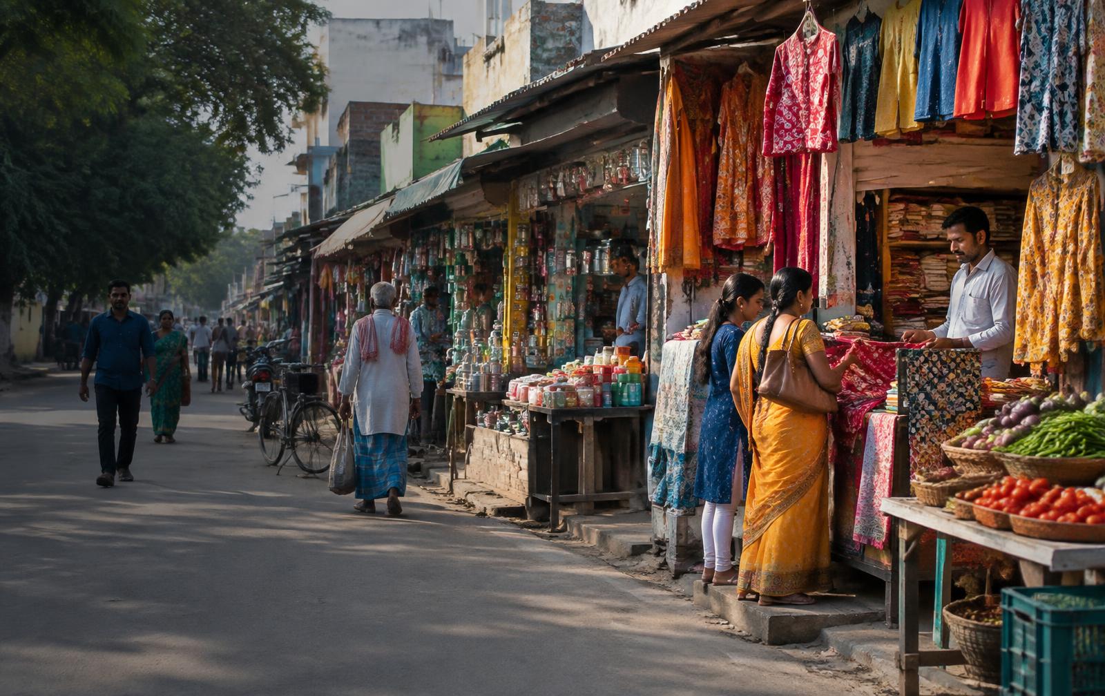 स्थानीय बाज़ार में खरीदारी करते लोग और छोटे व्यवसाय