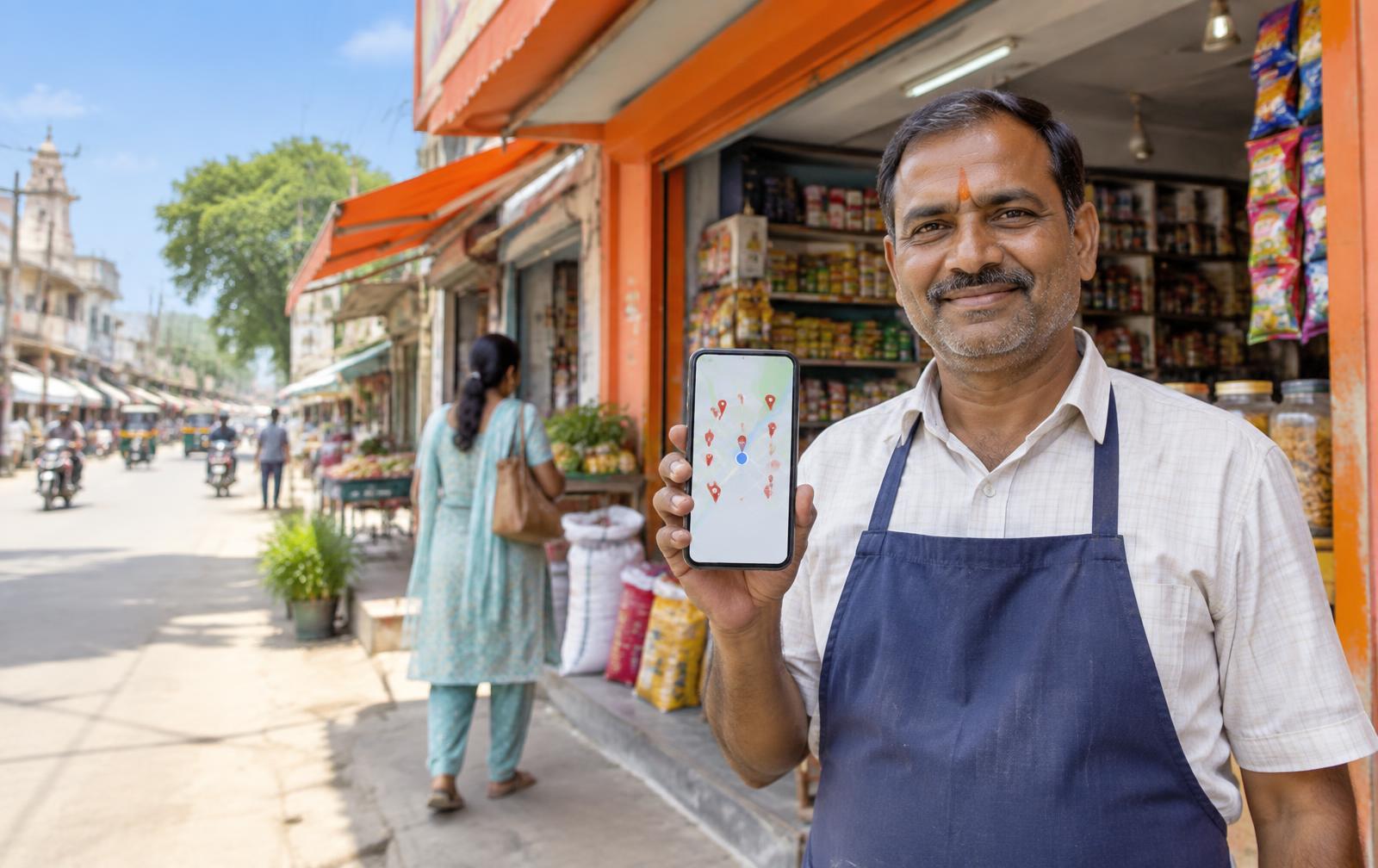 Illustration of a local shop owner holding a phone with nearby places marked on a map